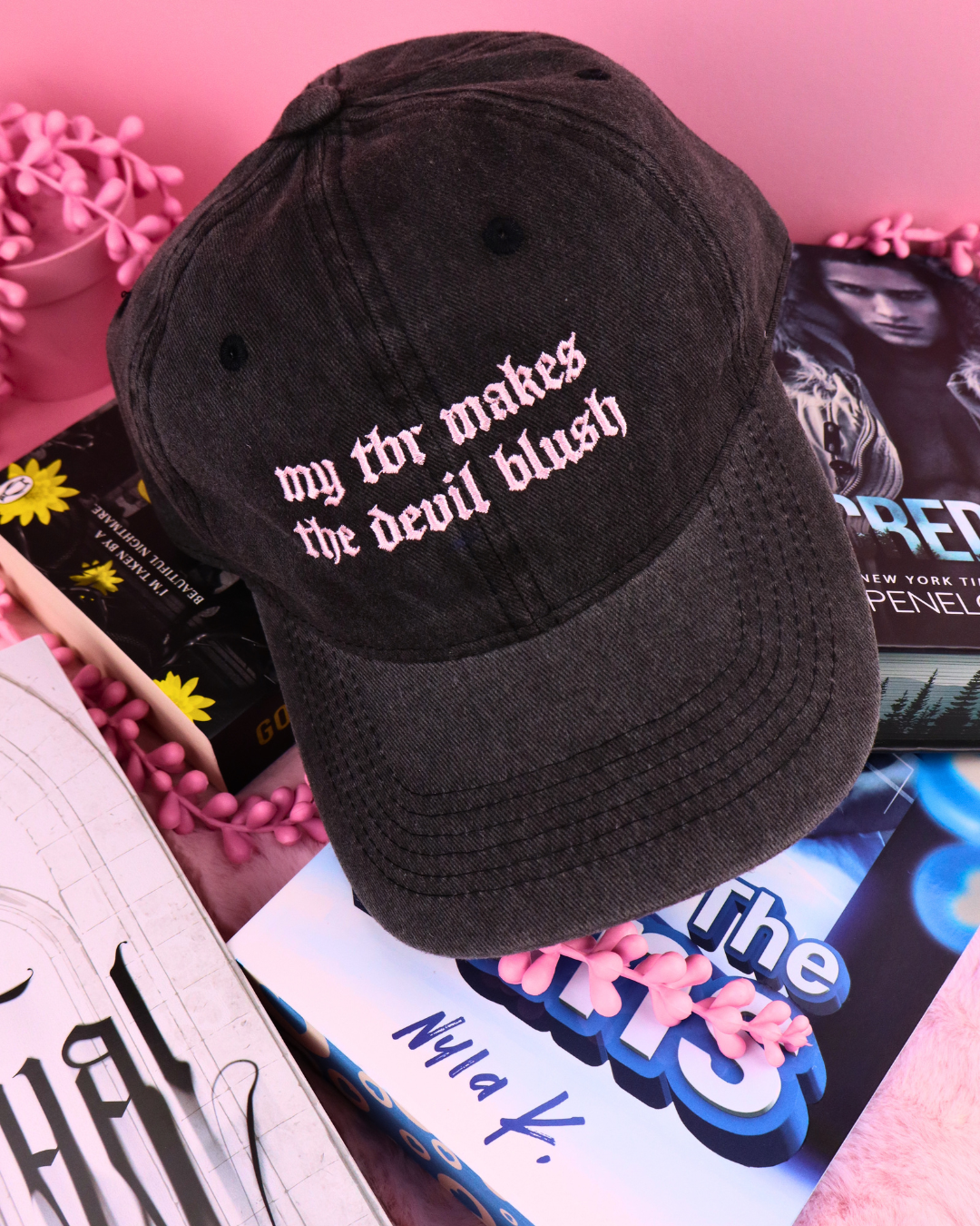 dibs on the villain baseball cap, black bookish cap, pink bookish cap, bookish merch, shadow daddy, xaden, kingfisher, fourth wing, quicksilver, booktok, bookstagram, book lover, apparel for readers, romantasy reader, romance books, villains, dark romance