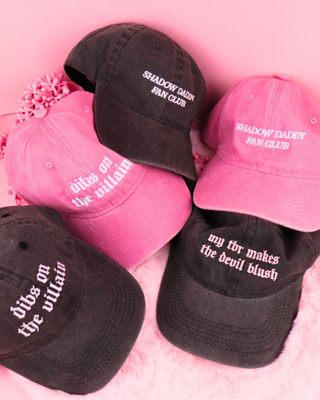 dibs on the villain baseball cap, black bookish cap, pink bookish cap, bookish merch, shadow daddy, xaden, kingfisher, fourth wing, quicksilver, booktok, bookstagram, book lover, apparel for readers, romantasy reader, romance books, villains, dark romance