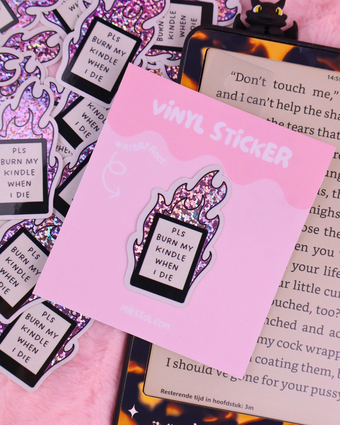 funny booktok sticker, vinyl waterproof, pink glitter, burn my kindle when I die, bookish gift, spicy book lover, dark romance, romantasy