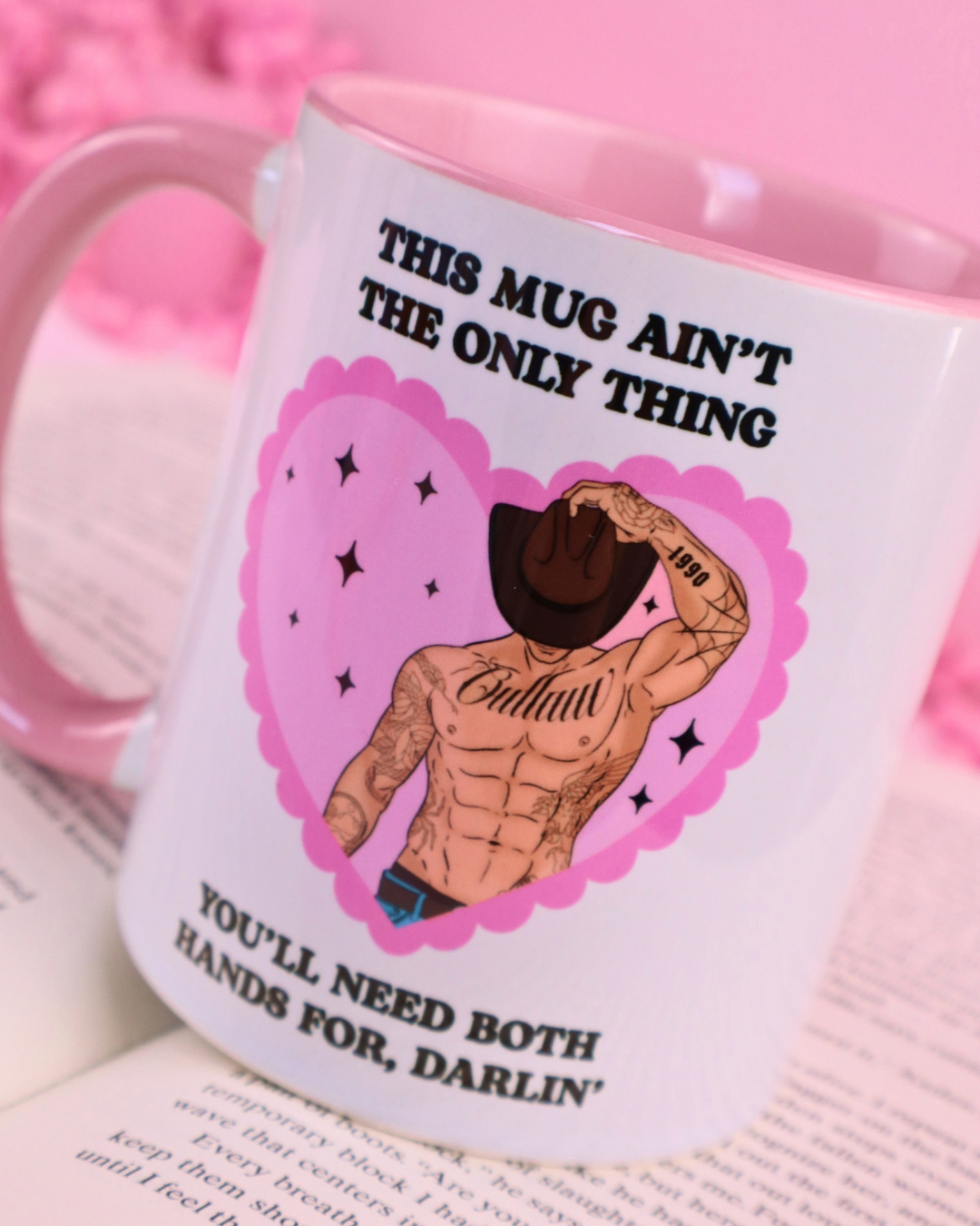 pink and white cowboy romance mug for readers of spicy cowboy books