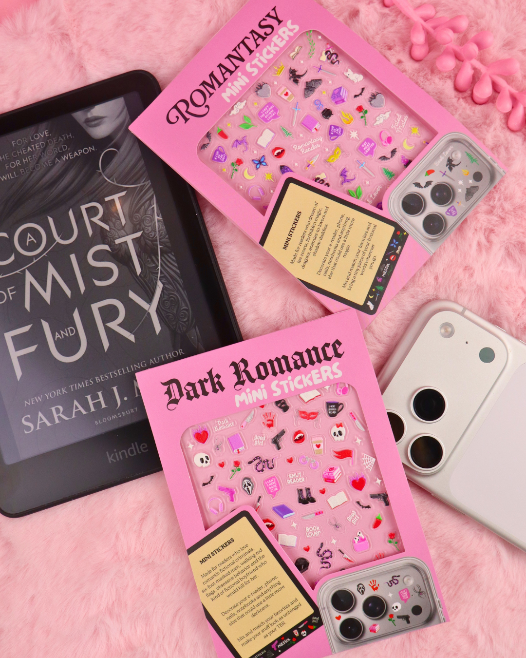Tiny 3D dark romance stickers with pink tweezers for decorating Kindles, e-readers, phones, nails & more. Made for dark romance readers.