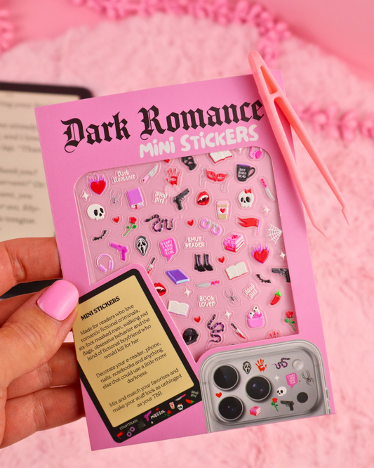 Tiny 3D dark romance stickers with pink tweezers for decorating Kindles, e-readers, phones, nails & more. Made for dark romance readers.