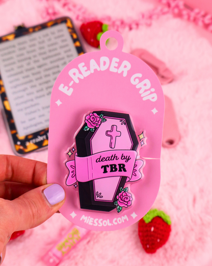 tbr coffin kindle kobo grip, dark romance, booktok, tbr, bookish gift, pop grip, book lover gift, cute romance reader gift, book bestie, death by tbr, romantasy, smut, spicy books, cute pastel goth