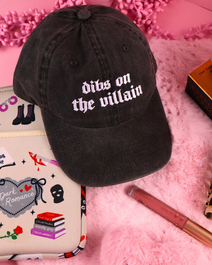 dibs on the villain baseball cap, black bookish cap, pink bookish cap, bookish merch, shadow daddy, xaden, kingfisher, fourth wing, quicksilver, booktok, bookstagram, book lover, apparel for readers, romantasy reader, romance books, villains, dark romance