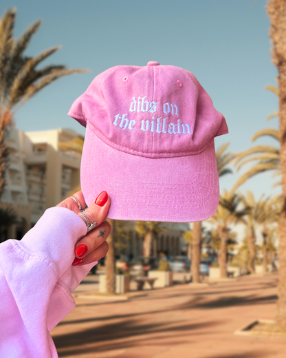 dibs on the villain baseball cap, black bookish cap, pink bookish cap, bookish merch, shadow daddy, xaden, kingfisher, fourth wing, quicksilver, booktok, bookstagram, book lover, apparel for readers, romantasy reader, romance books, villains, dark romance