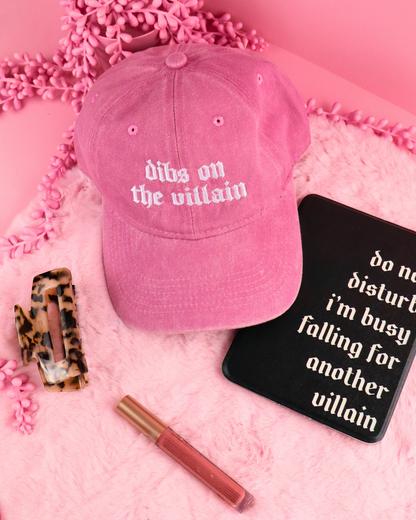 dibs on the villain baseball cap, black bookish cap, pink bookish cap, bookish merch, shadow daddy, xaden, kingfisher, fourth wing, quicksilver, booktok, bookstagram, book lover, apparel for readers, romantasy reader, romance books, villains, dark romance