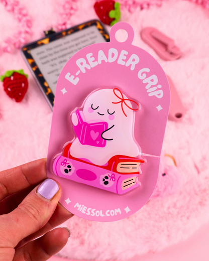 cute kindle and kobo grip for book lovers, booktok, bookstagram, e-reader grip, ghost pop grip, cute bookish gift, kindle decoration, kindle accessories, halloween, spooky, ghost grip