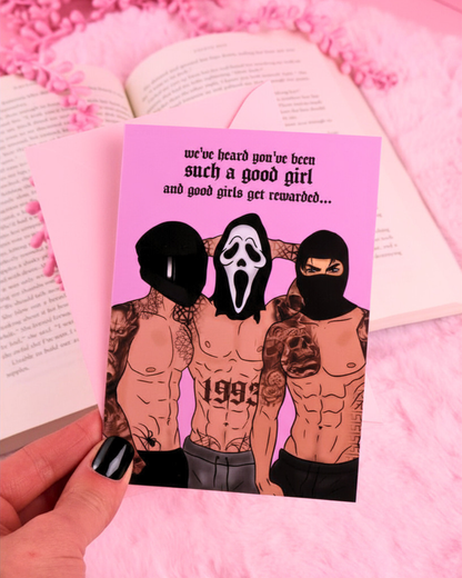 dark romance greeting card, booktok, romance readers, book lover, funny card, birthday card, book faerie gift, good girls get rewards, masked men, biker romance, 