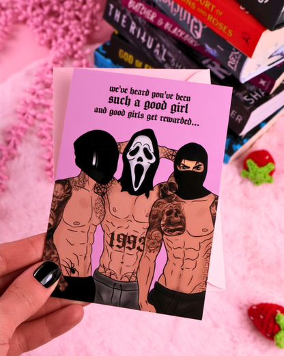 dark romance greeting card, booktok, romance readers, book lover, funny card, birthday card, book faerie gift, good girls get rewards, masked men, biker romance, 