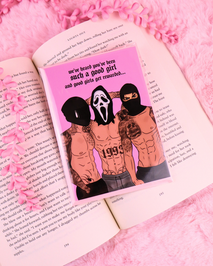 dark romance greeting card, booktok, romance readers, book lover, funny card, birthday card, book faerie gift, good girls get rewards, masked men, biker romance, 
