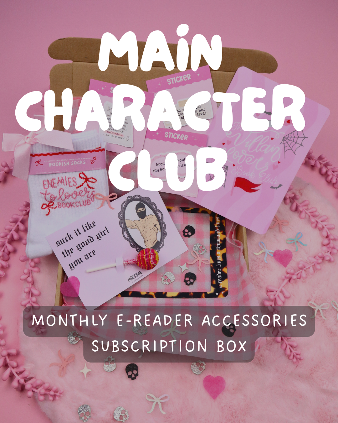 monthly e-reader subscription box for kindle and kobo, kindle accessories, kobo charm, grip, decorating, romance reader, booktok, bookstagram, bookish, bookish gift, kindle insert, book lovers, dark romance