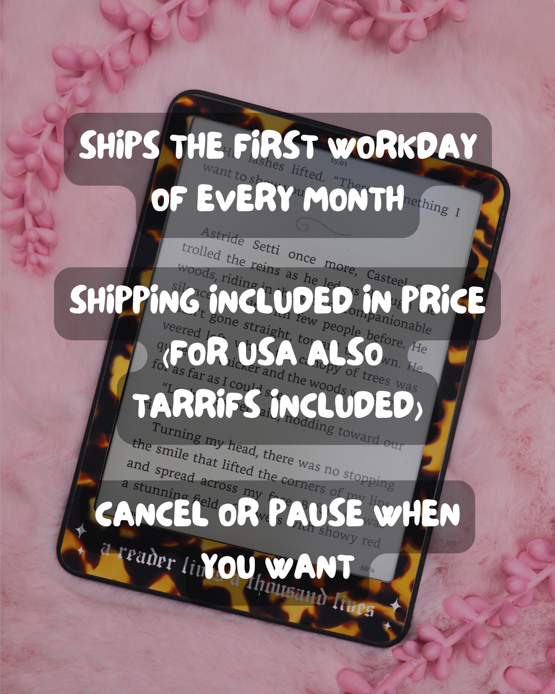 monthly e-reader subscription box for kindle and kobo, kindle accessories, kobo charm, grip, decorating, romance reader, booktok, bookstagram, bookish, bookish gift, kindle insert, book lovers, dark romance