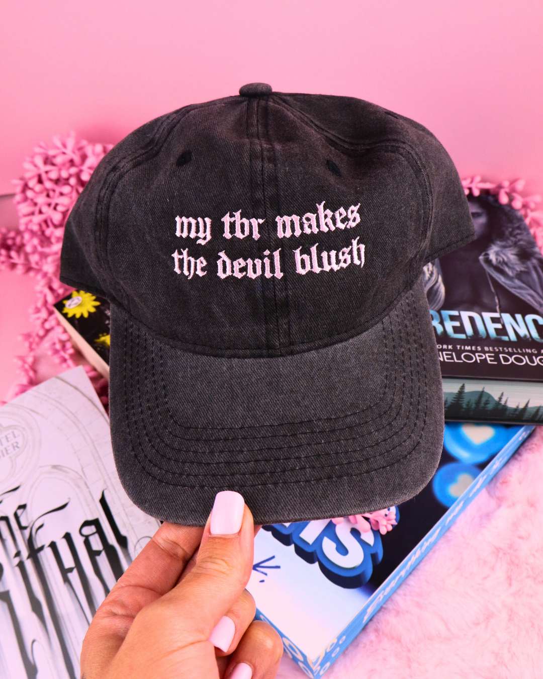 dibs on the villain baseball cap, black bookish cap, pink bookish cap, bookish merch, shadow daddy, xaden, kingfisher, fourth wing, quicksilver, booktok, bookstagram, book lover, apparel for readers, romantasy reader, romance books, villains, dark romance