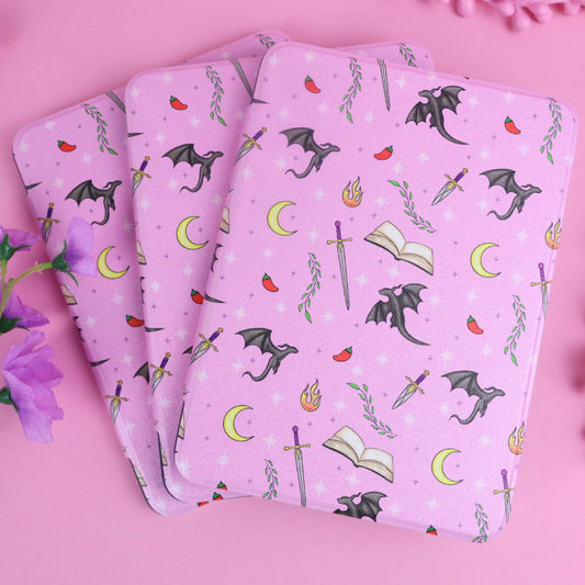 romantasy kindle case with acrylic clear back, dragons and swords