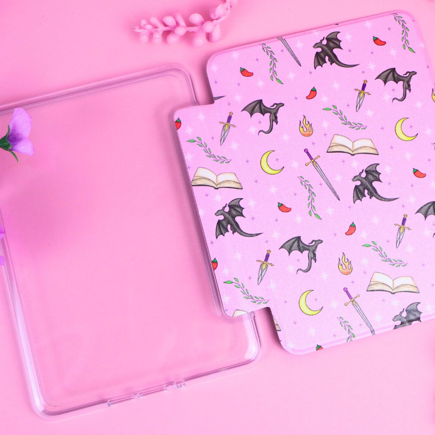 romantasy kindle case with acrylic clear back, dragons and swords