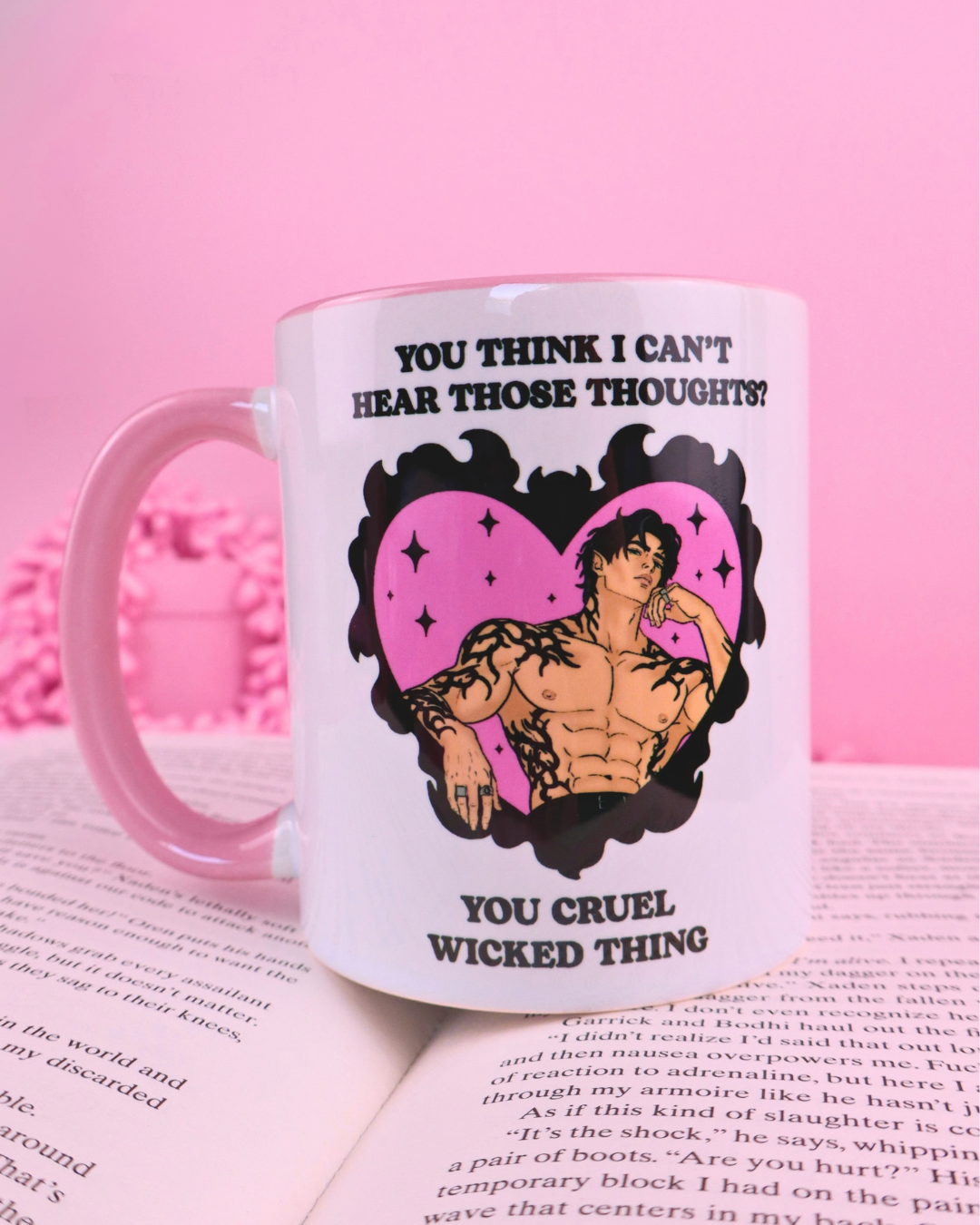 a pink and white mug with a shadow daddy on it. rhysand xaden kingfisher Ariel acotar, o court of splintered harmony