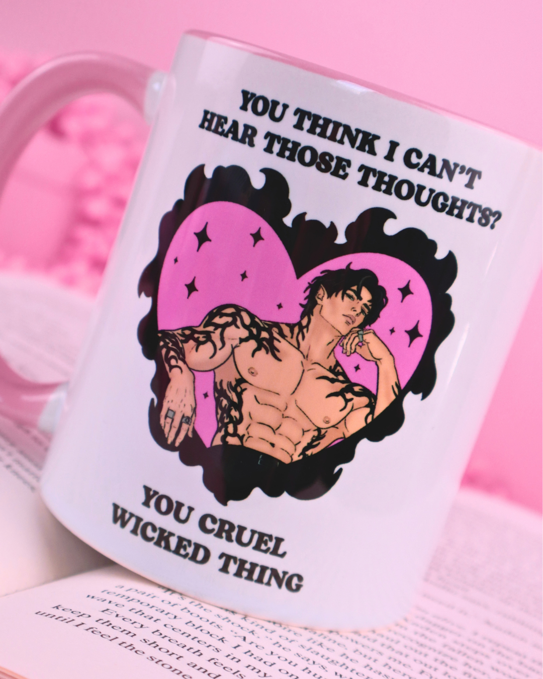 a pink and white mug with a shadow daddy on it. rhysand xaden kingfisher Ariel acotar, o court of splintered harmony