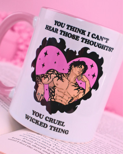 a pink and white mug with a shadow daddy on it. rhysand xaden kingfisher Ariel acotar, o court of splintered harmony