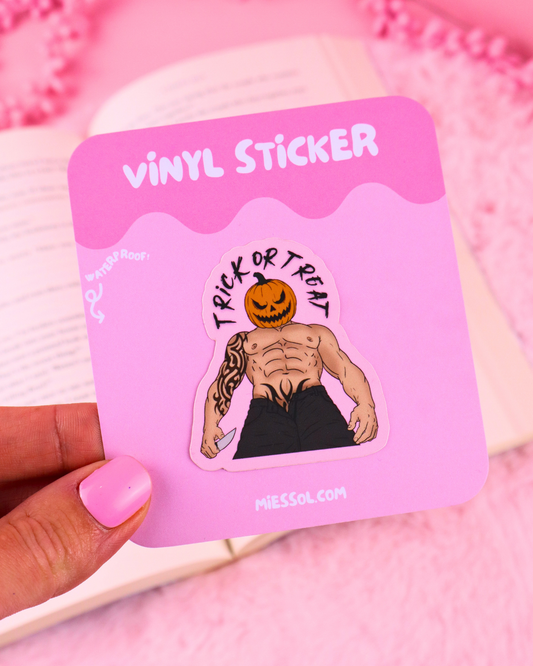 Muscular pumpkin head Halloween vinyl sticker for spooky book lovers, perfect for Kindles, laptops, water bottles and bookish accessories.