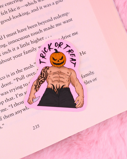 Muscular pumpkin head Halloween vinyl sticker for spooky book lovers, perfect for Kindles, laptops, water bottles and bookish accessories.